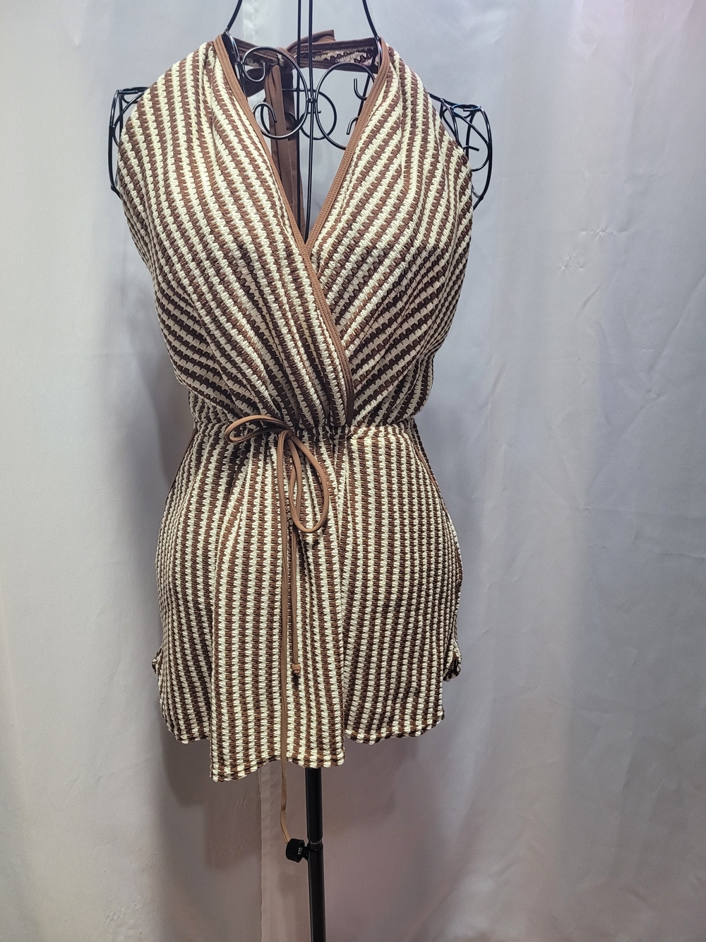 Amazon Women’s Striped Halter Swim Coverup in Brown and Cream